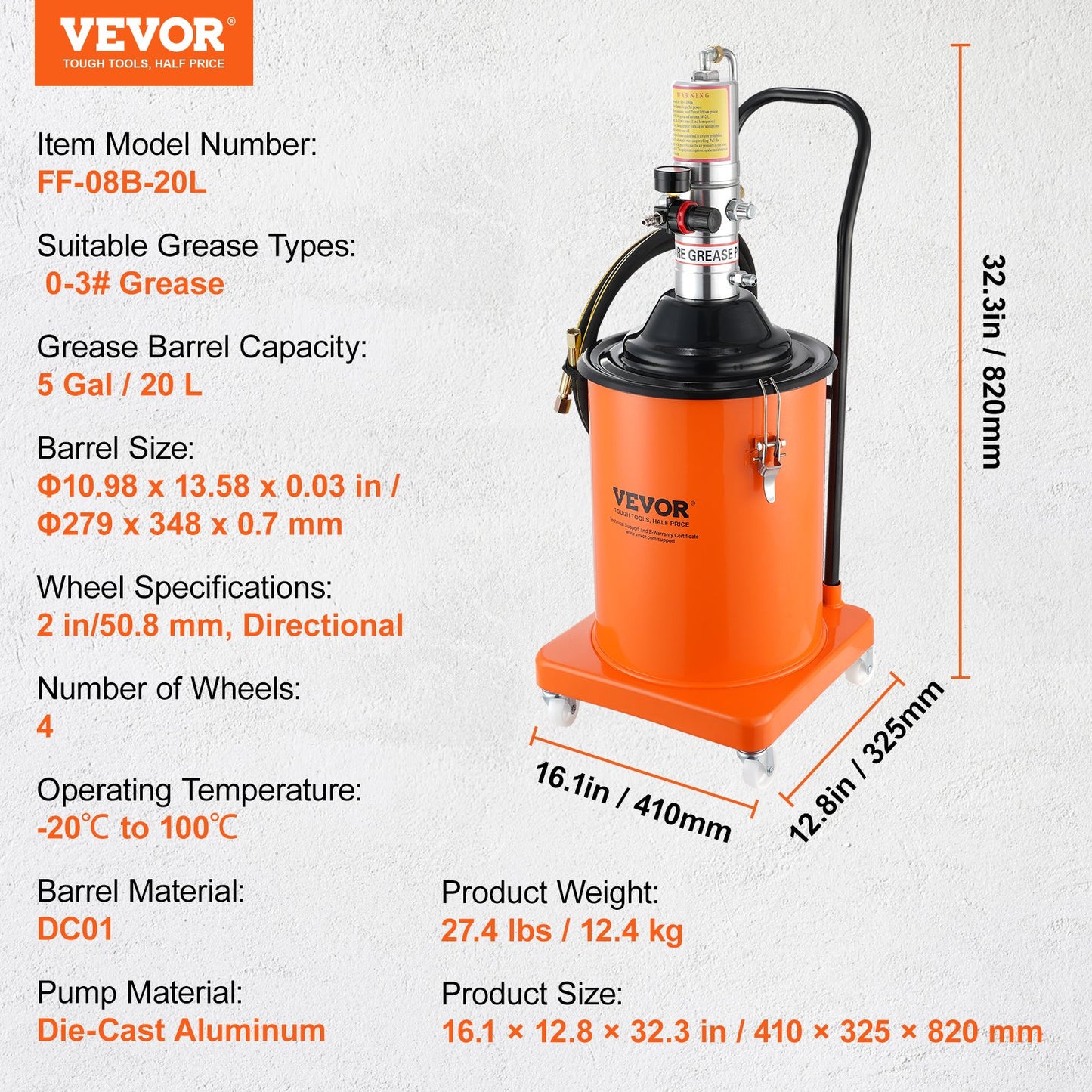 Fettpump, 5 gallon 20L, luftdriven fettpump med 13 fot högtrycksslang och fettspruta, pneumatisk smörjhinkpump med hjul, bärbar smörjfettspump 50:1 tryckförhållande