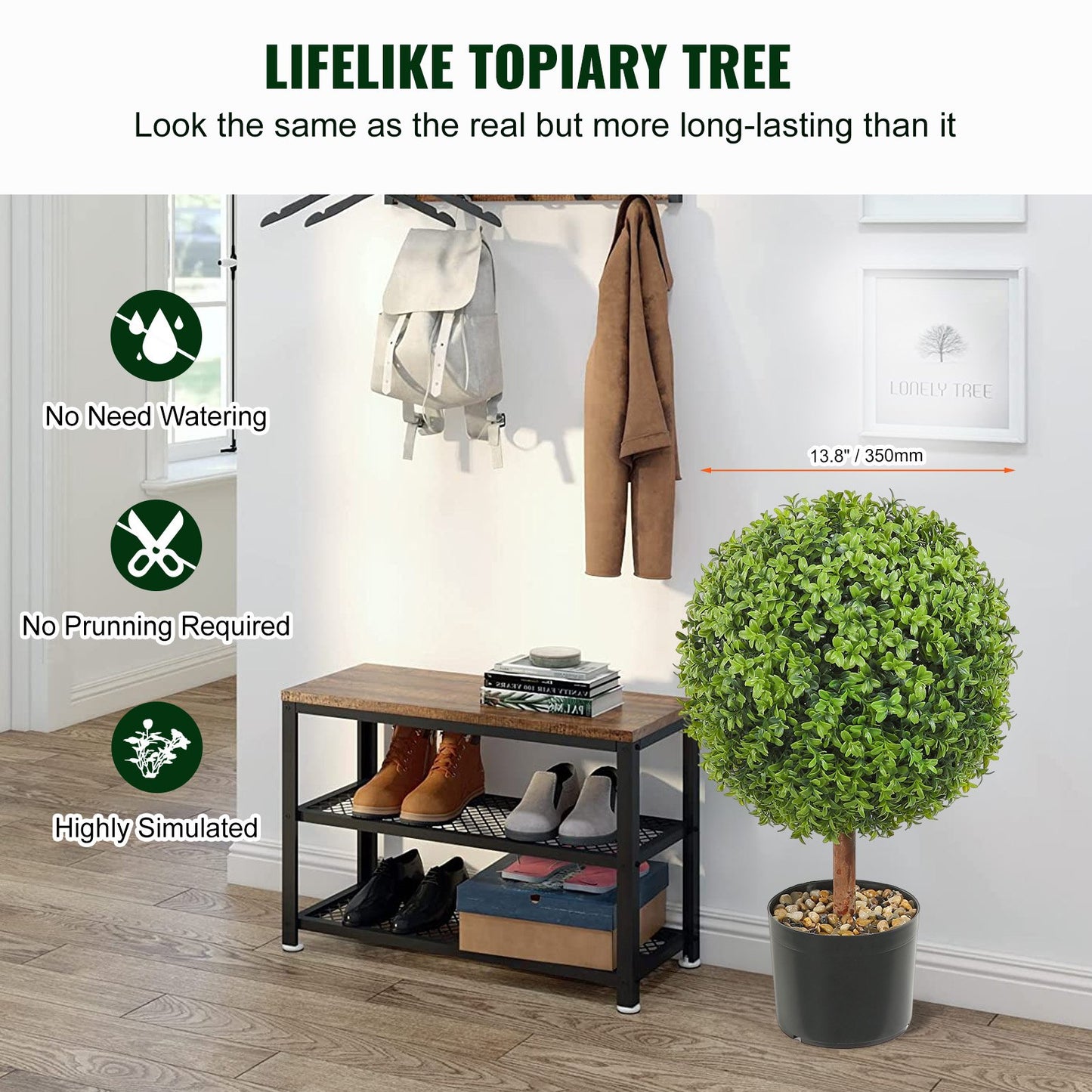 Konstgjorda topiaries buxbomsträd, 24 tum höga (2 stycken), kulformade faux topiaries växt med planteringar, grön feaux planta med utbytbara löv och port för dekorativ inomhus/utomhus/trädgård