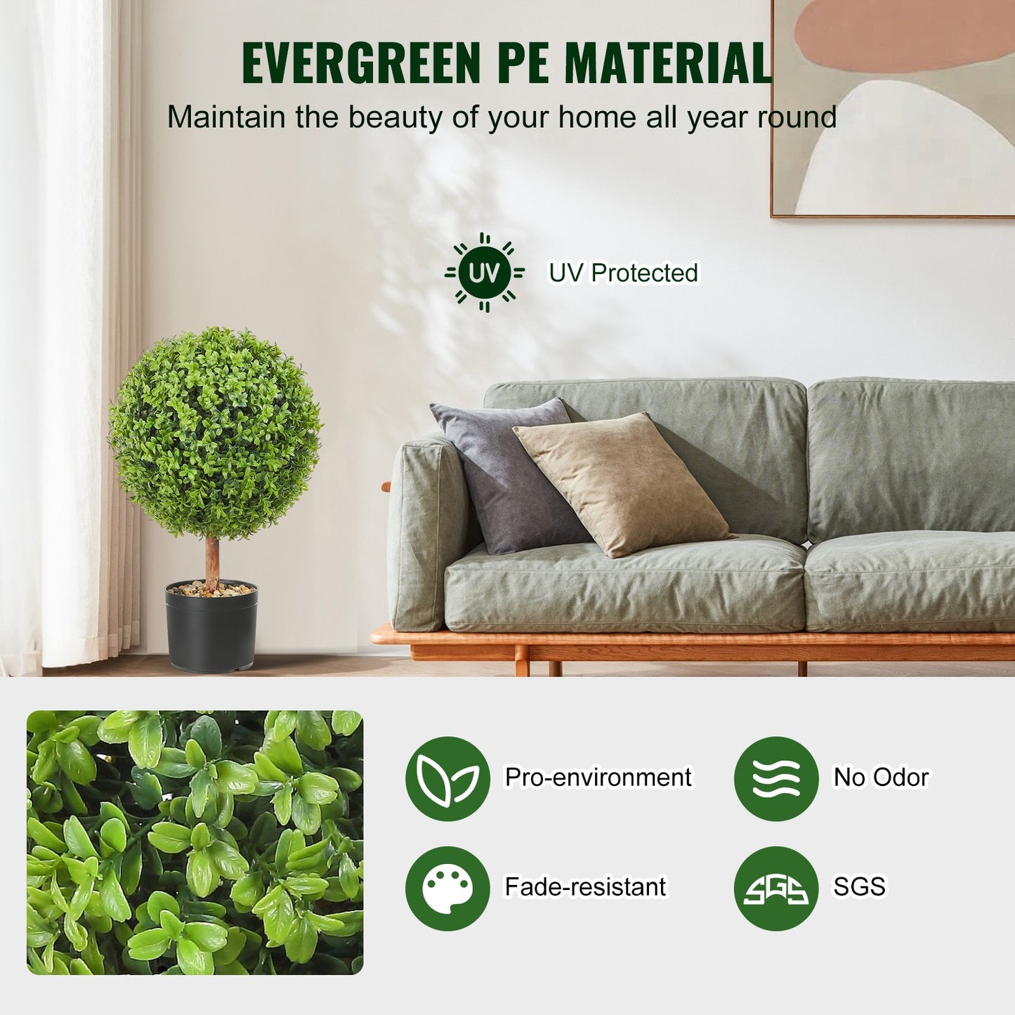 Konstgjorda topiaries buxbomsträd, 24 tum höga (2 stycken), kulformade faux topiaries växt med planteringar, grön feaux planta med utbytbara löv och port för dekorativ inomhus/utomhus/trädgård
