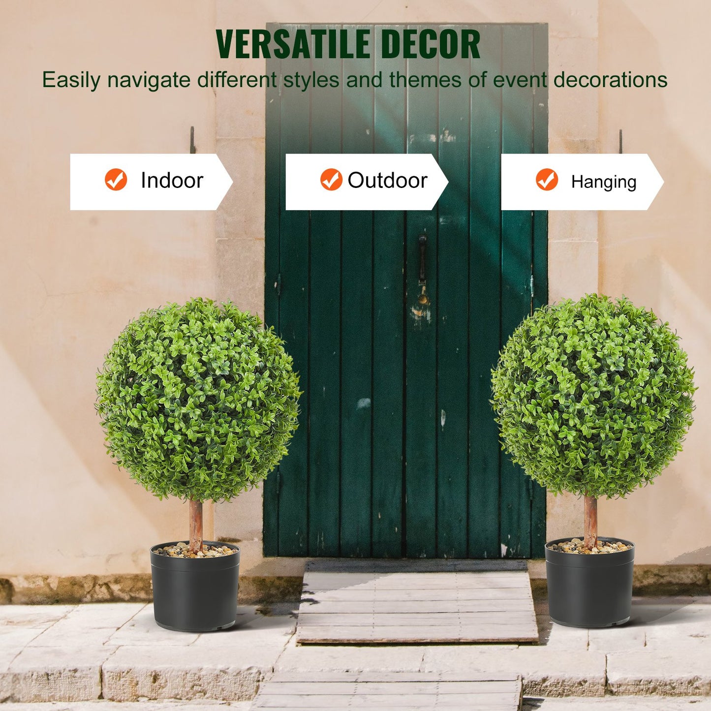 Konstgjorda topiaries buxbomsträd, 24 tum höga (2 stycken), kulformade faux topiaries växt med planteringar, grön feaux planta med utbytbara löv och port för dekorativ inomhus/utomhus/trädgård
