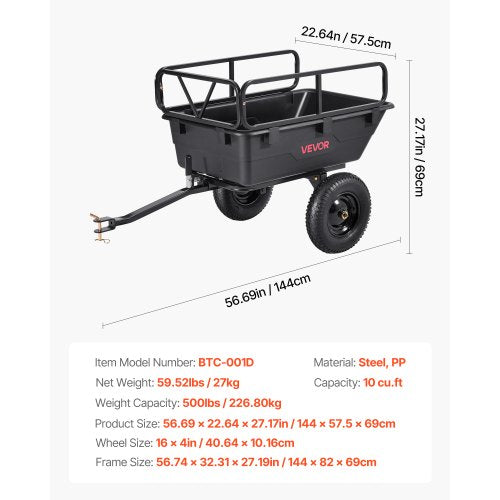 Tippvagn 500 lbs 10 cu. ft bogserad bakom plastvagn för ATV-trädgård
