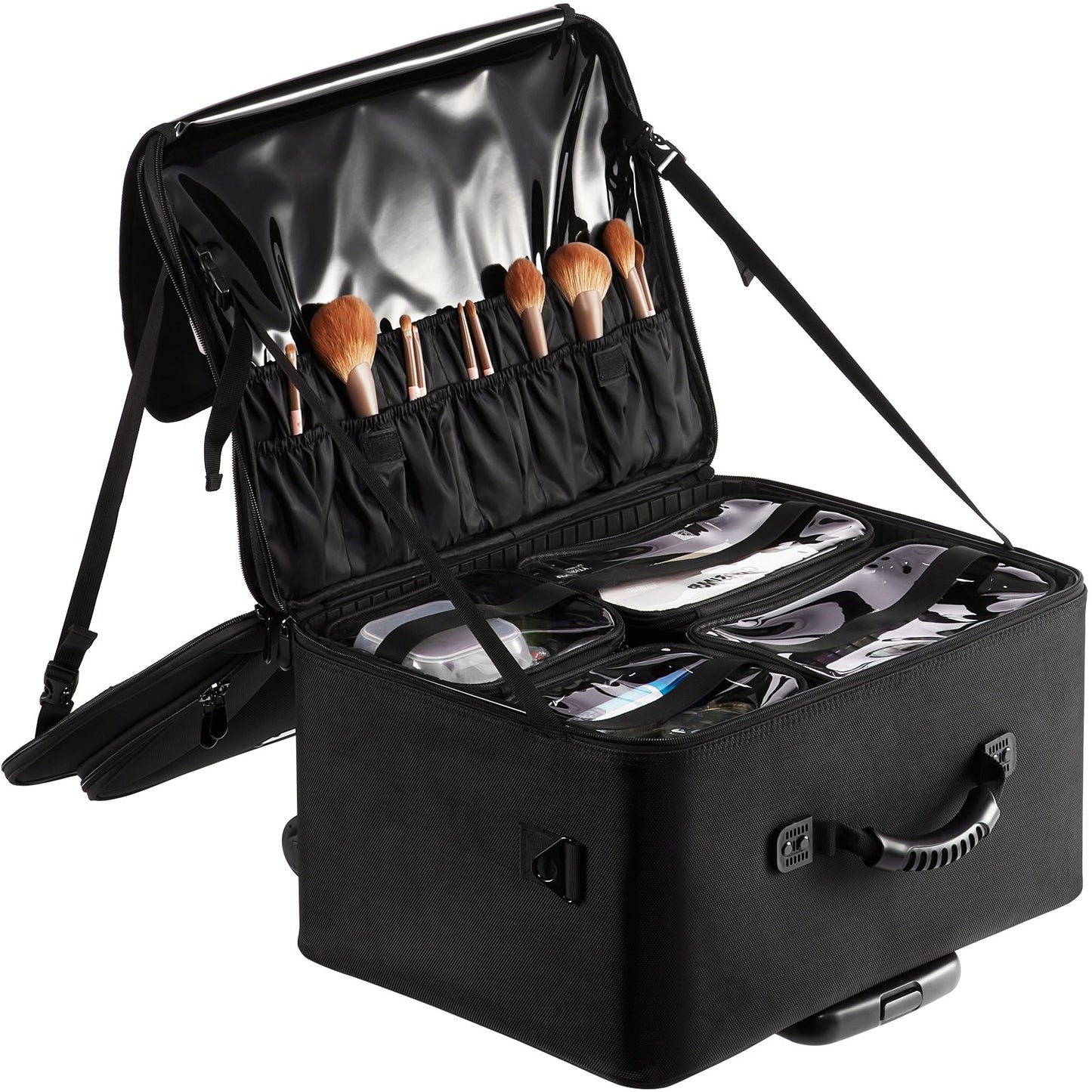 Rolling Makeup Train Case Stort förvaringsutrymme 3 våningar, bekvämt att bära med handtag, hjul, rem, Professionell sminkförvaringslåda Sminkhållare Vattentät Oxford, svart