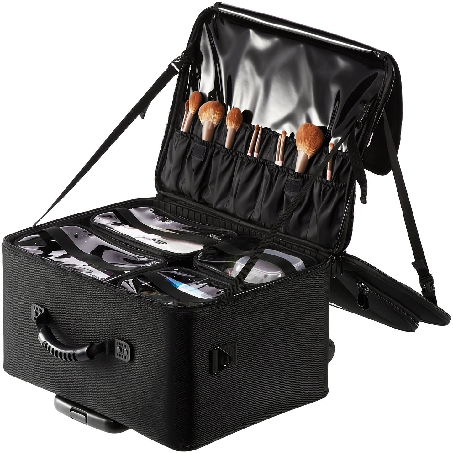 Rolling Makeup Train Case Stort förvaringsutrymme 3 våningar, bekvämt att bära med handtag, hjul, rem, Professionell sminkförvaringslåda Sminkhållare Vattentät Oxford, svart