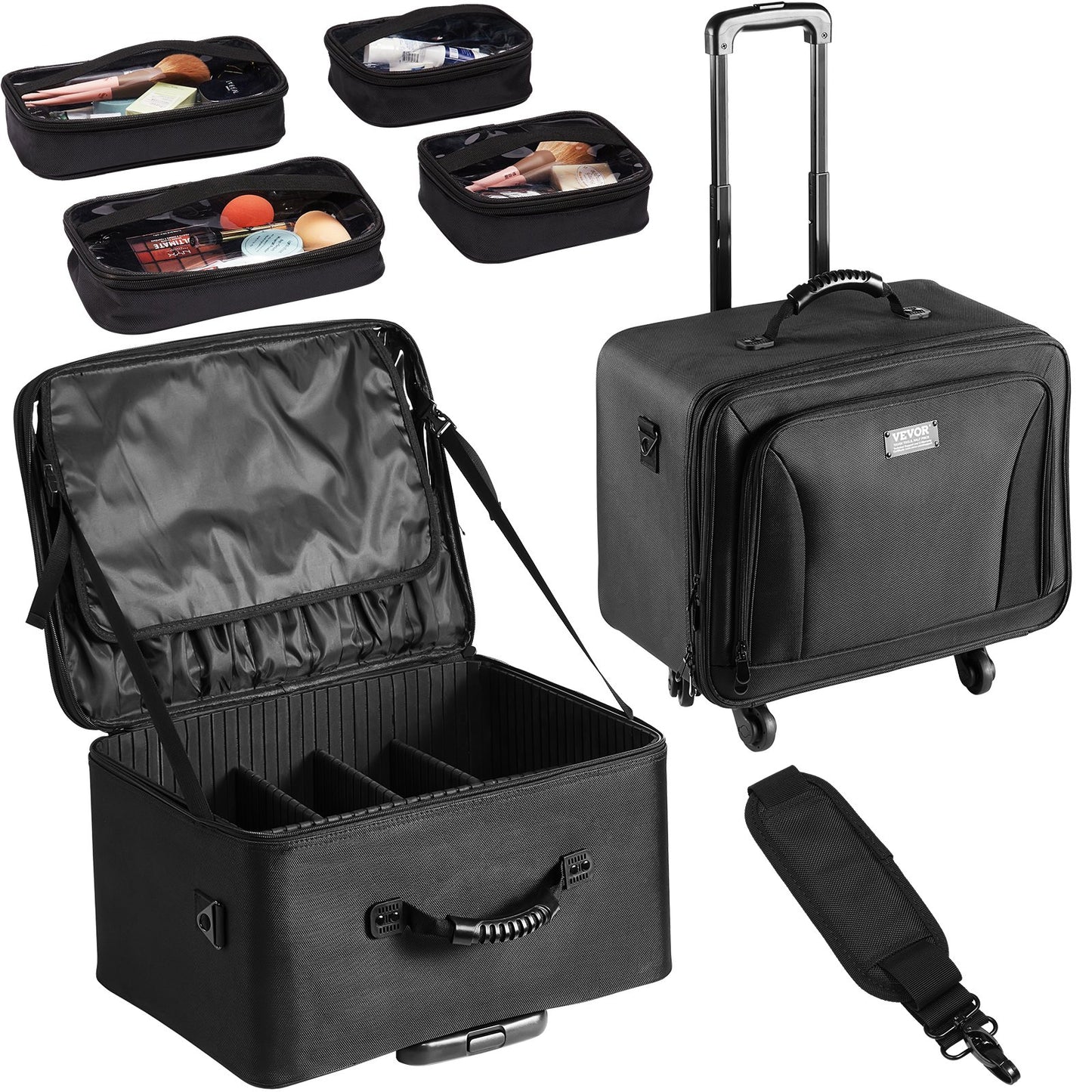 Rolling Makeup Train Case Stort förvaringsutrymme 3 våningar, bekvämt att bära med handtag, hjul, rem, Professionell sminkförvaringslåda Sminkhållare Vattentät Oxford, svart
