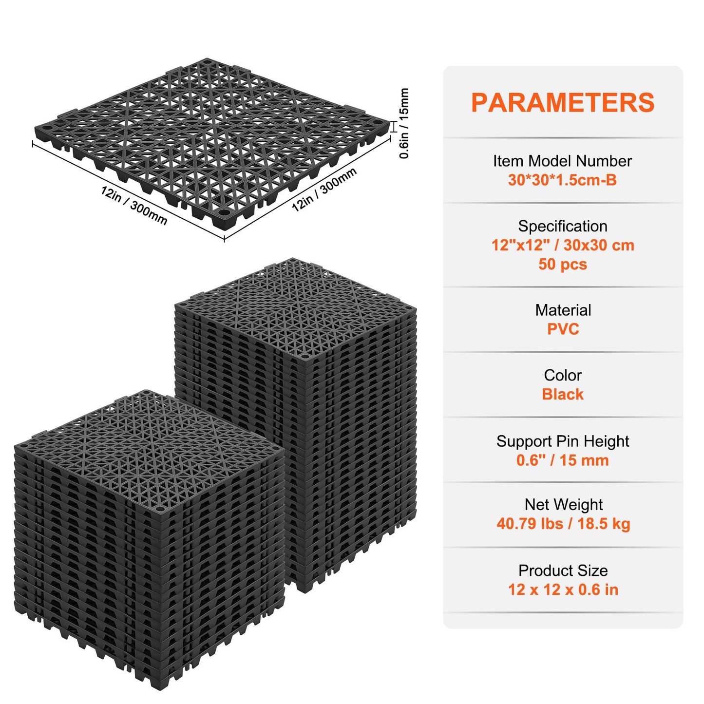 Modular Interlocking Kudde, 50 Pack 30 x 30 cm Skarvning Dräneringsmattor, Mjuk PVC Interlocking Dräneringsgolvplattor, Halkfritt dräneringshål för toalett, badrum, kök, pool, våtområde, svart