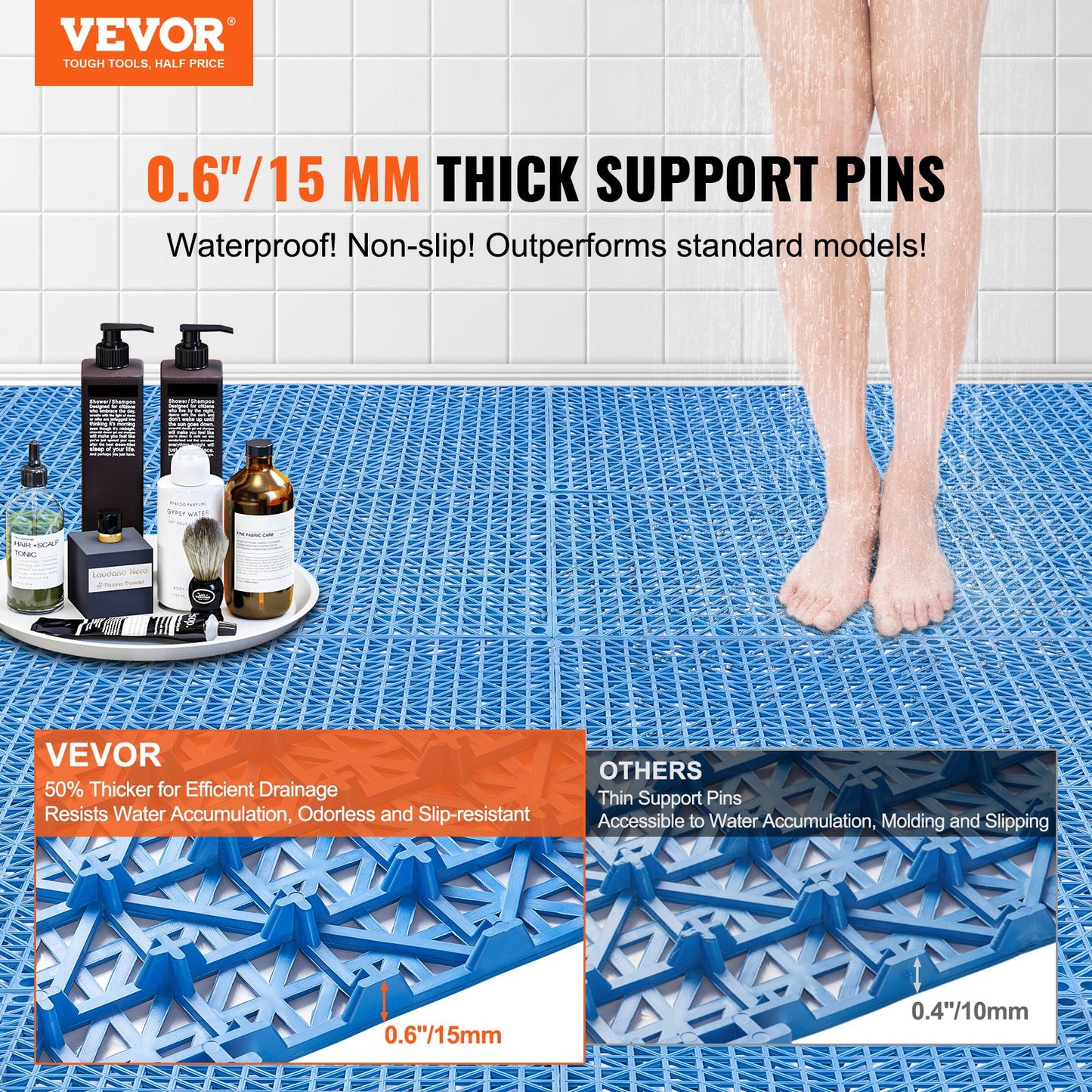 Modular Interlocking Pad, 55 Pack 30 x 30 cm Splice Drainage Mats, Soft PVC Interlocking Drainage Floor Tiles, Non-Slip Drainage Holes for Toilet, Bathroom, Kitchen, Pool, Wet Area, Blue