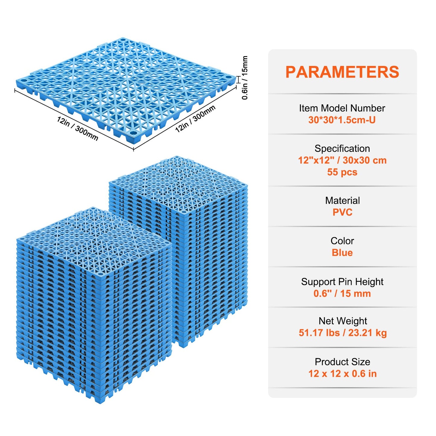 Modular Interlocking Pad, 55 Pack 30 x 30 cm Splice Drainage Mats, Soft PVC Interlocking Drainage Floor Tiles, Non-Slip Drainage Holes for Toilet, Bathroom, Kitchen, Pool, Wet Area, Blue