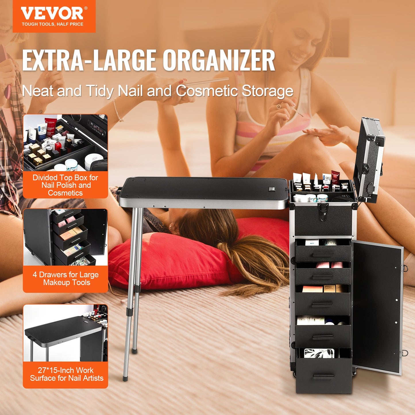 Professional Makeup Train Case Kosmetisk väska i aluminium, arbetsbänk med stödjande ben, rullande sminkväska Extra stor vagn Makeup Travel Organizer, med 360° svängbara hjul, svart