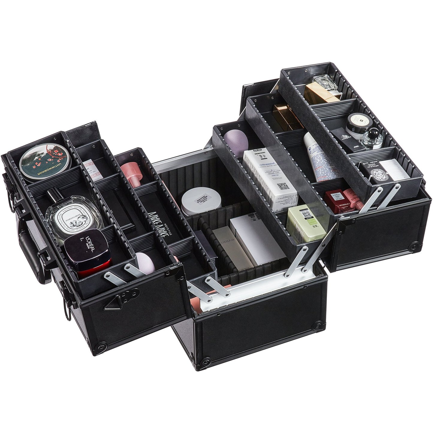 Makeup Train Case 370 MM Large Portable Cosmetic Case, 6 Tier Trays Professional Makeup Storage Box Makeup Holder with Handle and Strap Travel Case for Women and Girls - Black