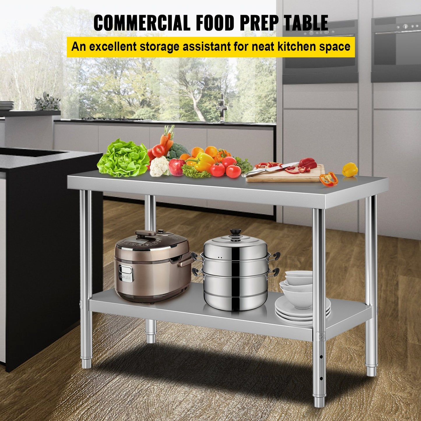 Edelstahl-Vorbereitungstisch, 48 x 24 x 34 Zoll, 550 lbs Tragkraft, robuster Metall-Arbeitstisch mit verstellbarer unterer Ablage, gewerbliche Arbeitsstation für Küche, Restaurant, Garage, Hinterhof