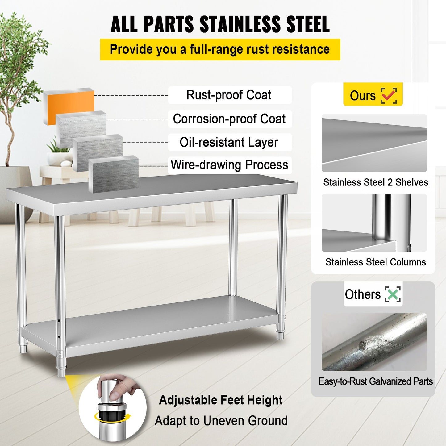 Edelstahl-Vorbereitungstisch, 48 x 24 x 34 Zoll, 550 lbs Tragkraft, robuster Metall-Arbeitstisch mit verstellbarer unterer Ablage, gewerbliche Arbeitsstation für Küche, Restaurant, Garage, Hinterhof