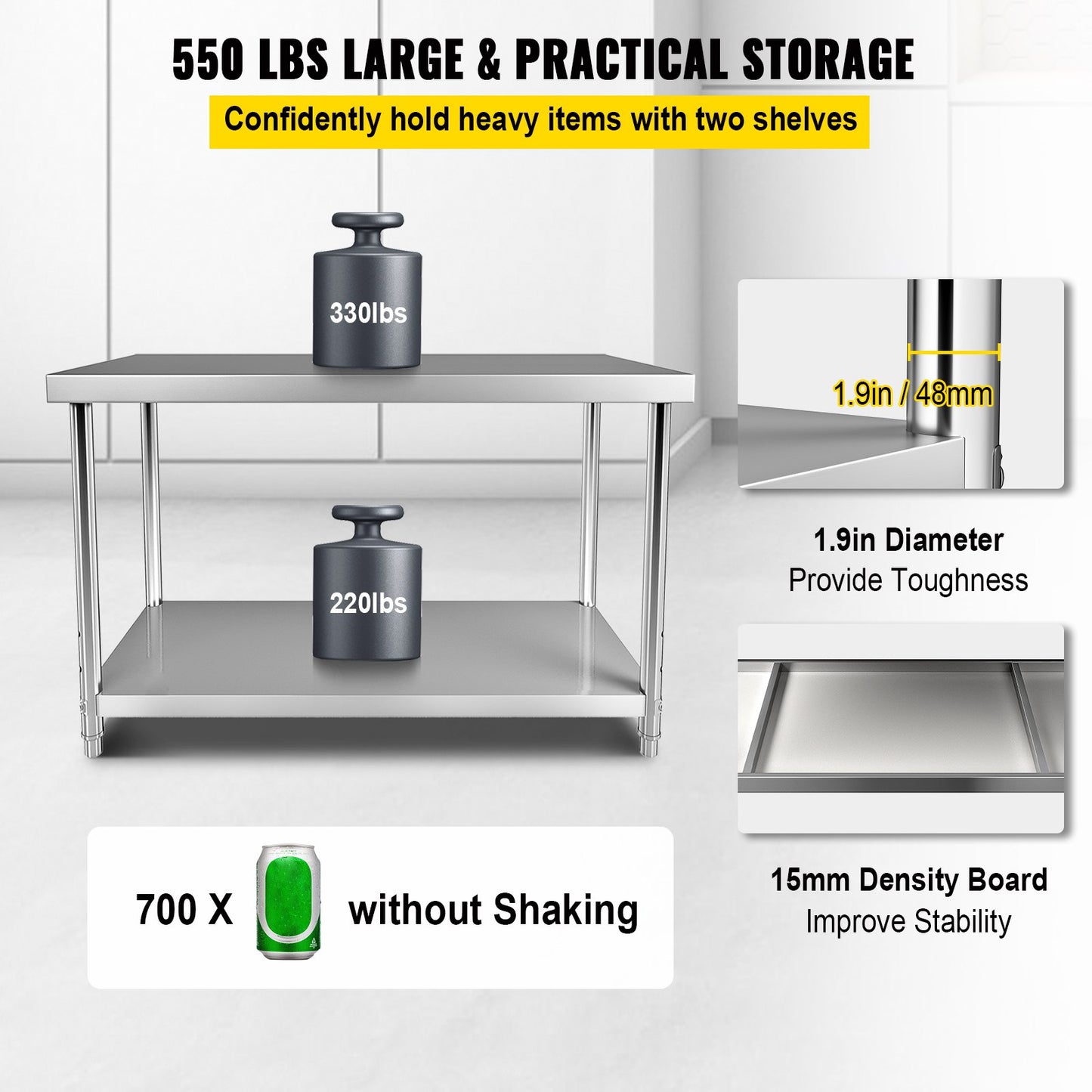 Edelstahl-Vorbereitungstisch, 48 x 24 x 34 Zoll, 550 lbs Tragkraft, robuster Metall-Arbeitstisch mit verstellbarer unterer Ablage, gewerbliche Arbeitsstation für Küche, Restaurant, Garage, Hinterhof