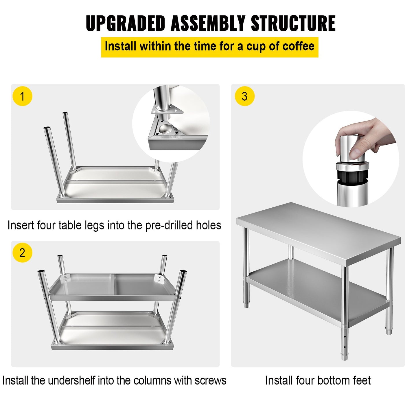 Edelstahl-Vorbereitungstisch, 48 x 24 x 34 Zoll, 550 lbs Tragkraft, robuster Metall-Arbeitstisch mit verstellbarer unterer Ablage, gewerbliche Arbeitsstation für Küche, Restaurant, Garage, Hinterhof