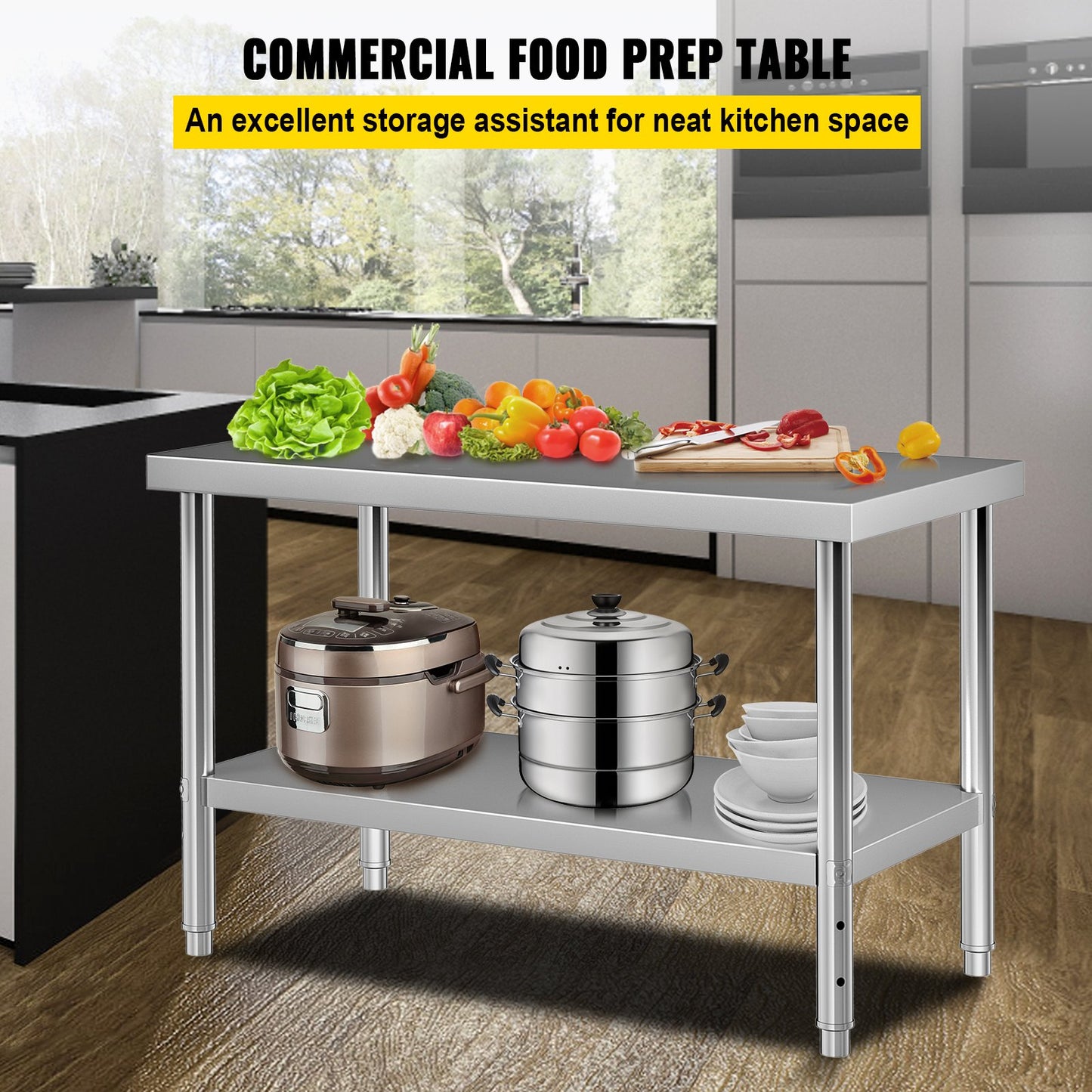 Edelstahl-Vorbereitungstisch, 48 x 30 x 34 Zoll, 550 lbs Tragkraft, robuster Metall-Arbeitstisch mit verstellbarer unterer Ablage, gewerbliche Arbeitsstation für Küche, Restaurant, Garage, Hinterhof