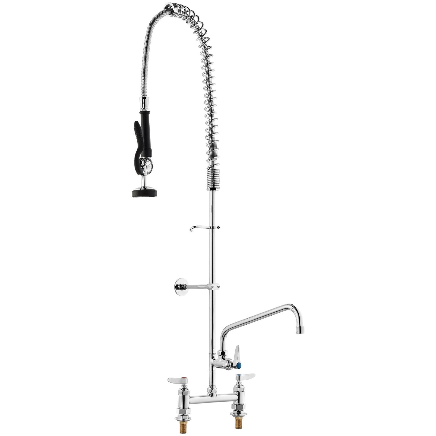 Commercial Faucet with Pre-Rinse Sprayer, 44" Height, 8" Center, 12" Swivel Spout, Deck Mounted Sink Faucet, Brass Constructed Unit with Pull-Down Spray, for 1/2/3 Bowl Sink