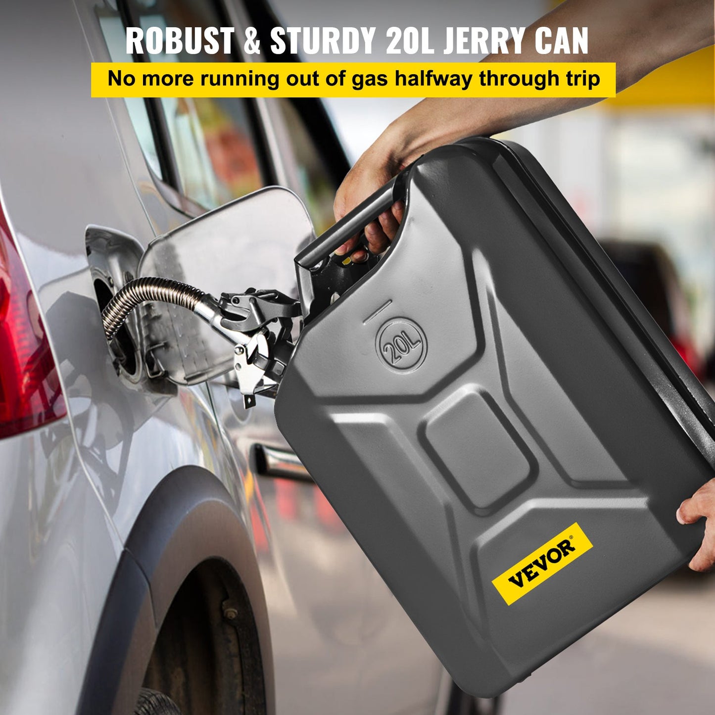 Jerry Fuel Can, 5.3 Gallon / 20 L Portable Jerry Can with Flexible Spout System, Rustproof & Heat Resistant Steel Fuel Tank for Cars Truck Equipment, Black