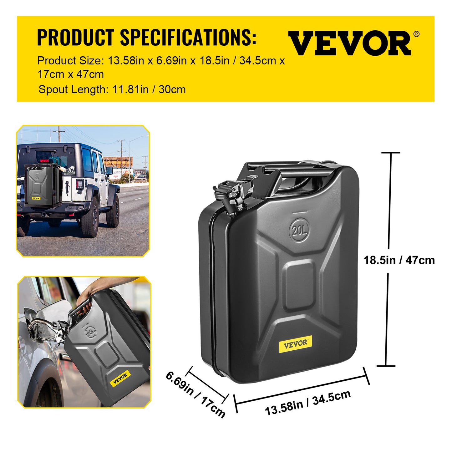 Jerry Fuel Can, 5.3 Gallon / 20 L Portable Jerry Can with Flexible Spout System, Rustproof & Heat Resistant Steel Fuel Tank for Cars Truck Equipment, Black