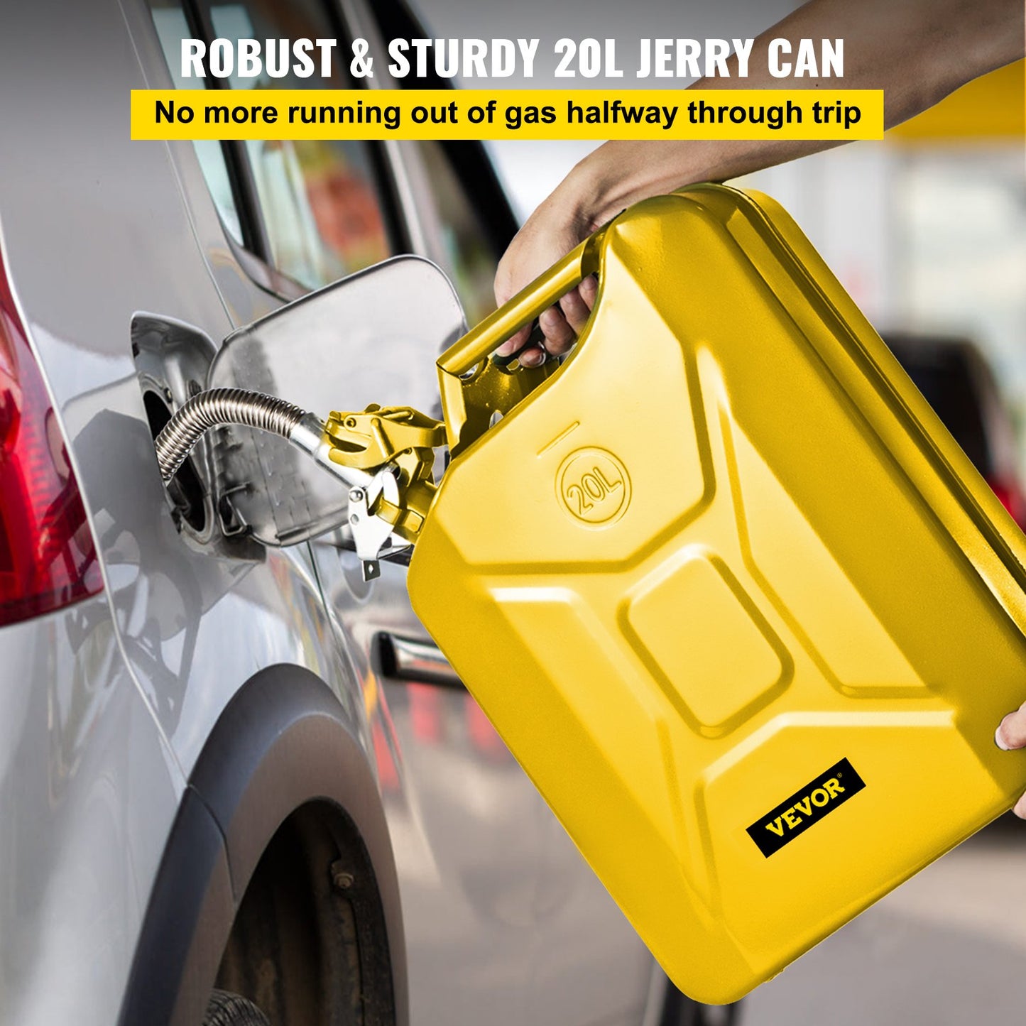 Jerry bränslekanna, 5,3 gallon / 20 L bärbar jerry bensinburk med flexibelt pipsystem, rostsäker & värmebeständig bränsletank i stål för bilar Lastbilsutrustning, gul