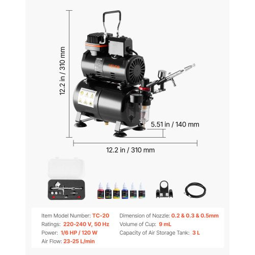 Airbrush-kit Luftborste-kit 1/6 hk luftkompressortank 1 airbrush 3 munstycken | EU