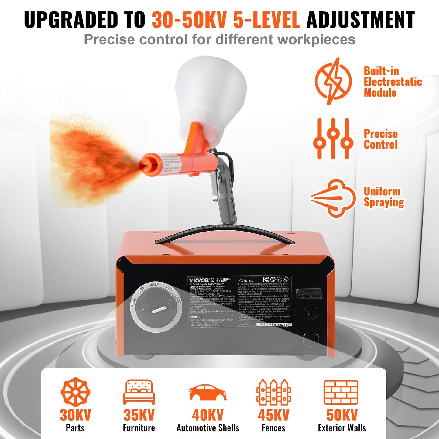 Pulverlackeringssystem, 50 KV elektrostatisk uteffekt pulverlackeringssats med sprutpistol, fotkontakt, munstycken och pulverkoppar, pulverlackeringsutrustning för gör-det-själv och kommersiell produktion