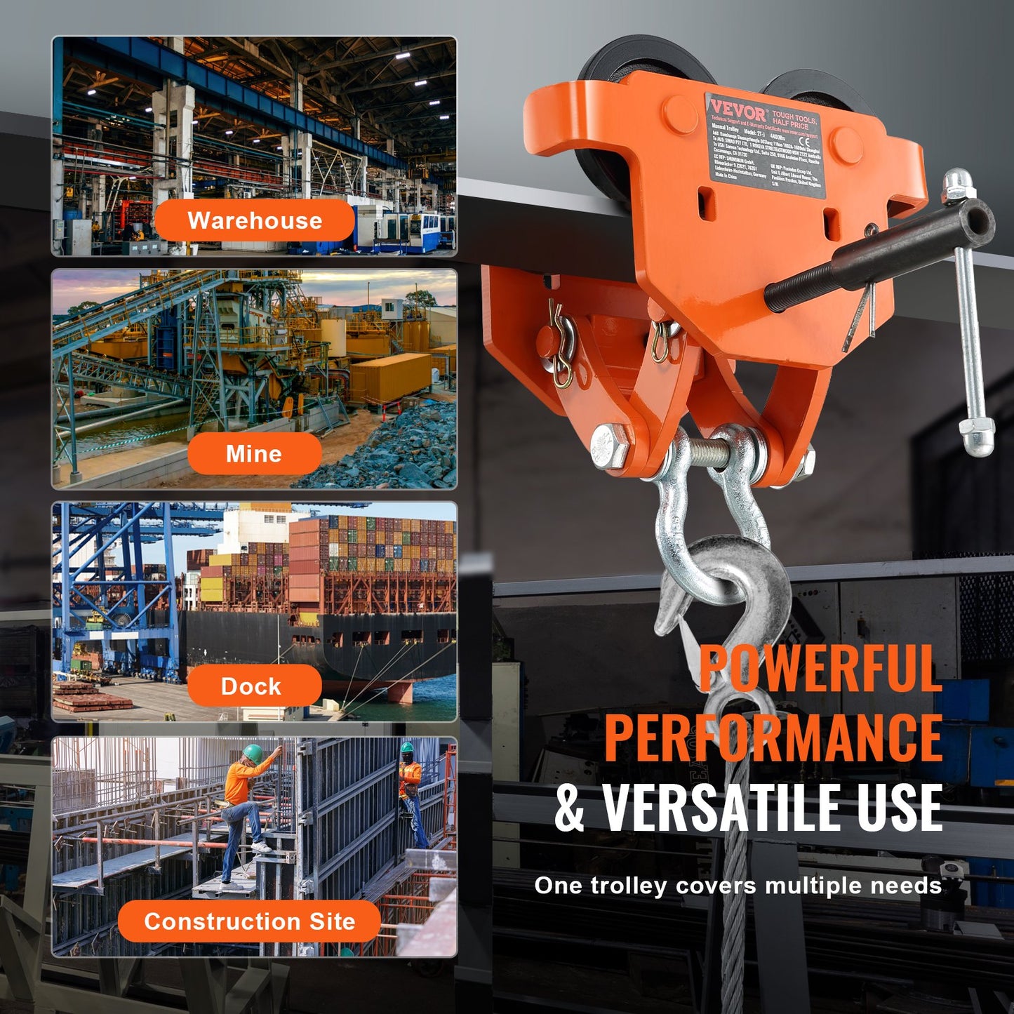Manuell vagn, 4400 lbs/2 ton belastningskapacitet, skjutbalkvagn med dubbla hjul, justerbar för I-Beam flänsbredd 2,8" till 6,7", Heavy Duty Legerat stål garagelyft för rakböjd I-balk