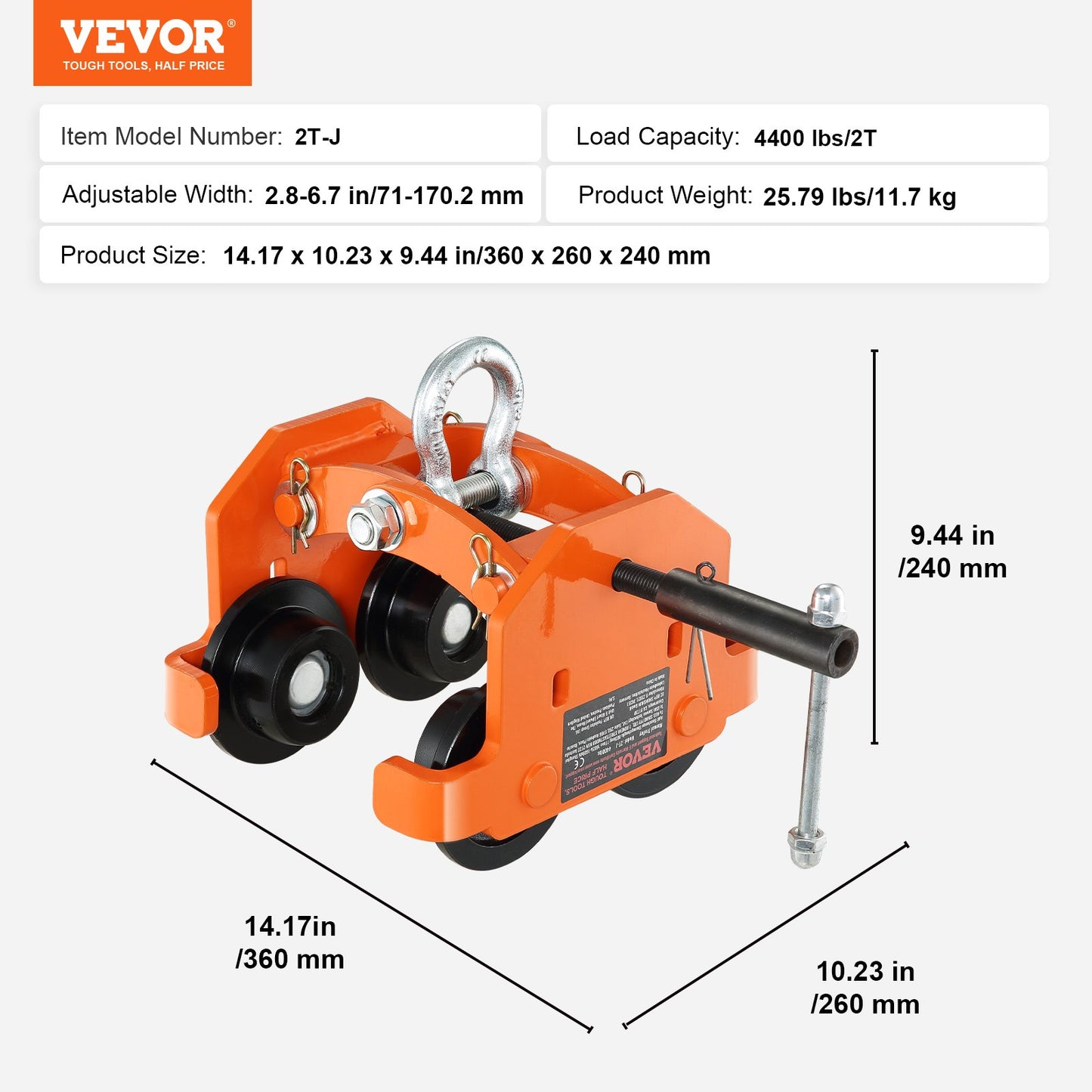 Manuell vagn, 4400 lbs/2 ton belastningskapacitet, skjutbalkvagn med dubbla hjul, justerbar för I-Beam flänsbredd 2,8" till 6,7", Heavy Duty Legerat stål garagelyft för rakböjd I-balk