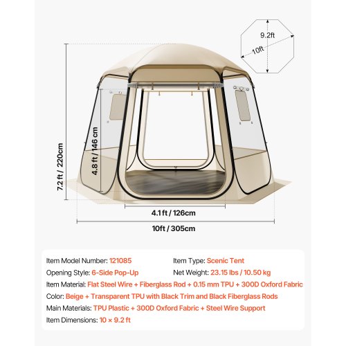 Pop-up bubbeltält, 3,05 x 2,75 m vattentätt och UV-resistent, genomskinligt campingtältskydd, utomhusträdgårdskupoltält med fönster, 540° panoramautsikt, för 4-8 personer uteplats bakgård | EU