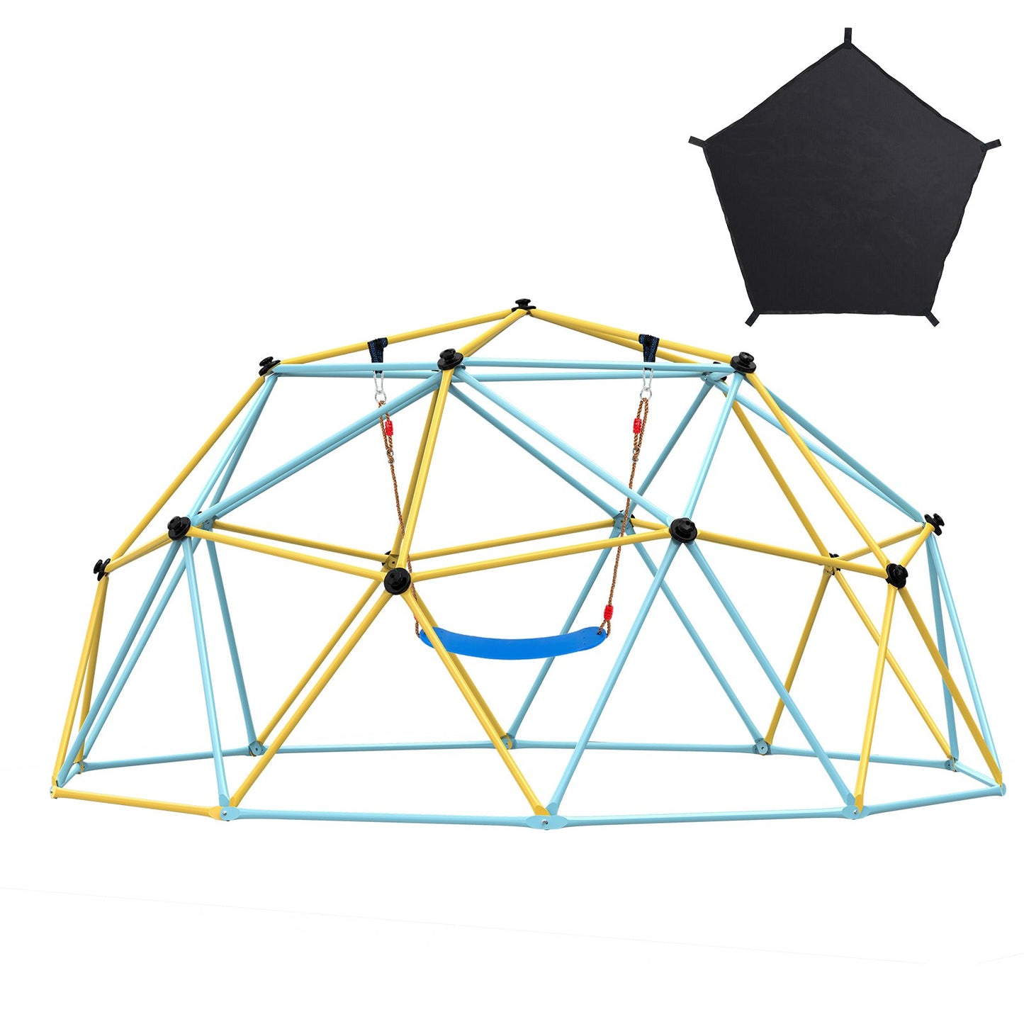 Klätterdome, 10 ft geometrisk kupolklättrare med hängmatta och gunga, för barn 3 till 10 år gamla, Jungle Gym stöder 750 LBS och enkel montering, med klättergrepp, lekutrustning utomhus