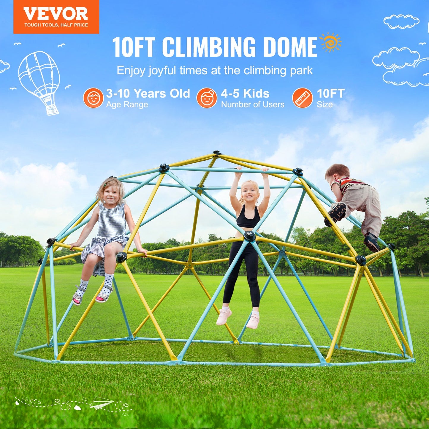 Kletterkuppel, 3 m hohes geometrisches Kuppel-Kletterspielzentrum für Kinder von 3 bis 10 Jahren, Klettergerüst trägt 340 kg und ist einfach zu montieren, mit Klettergriffen, Outdoor-Spielgerät für Kinder