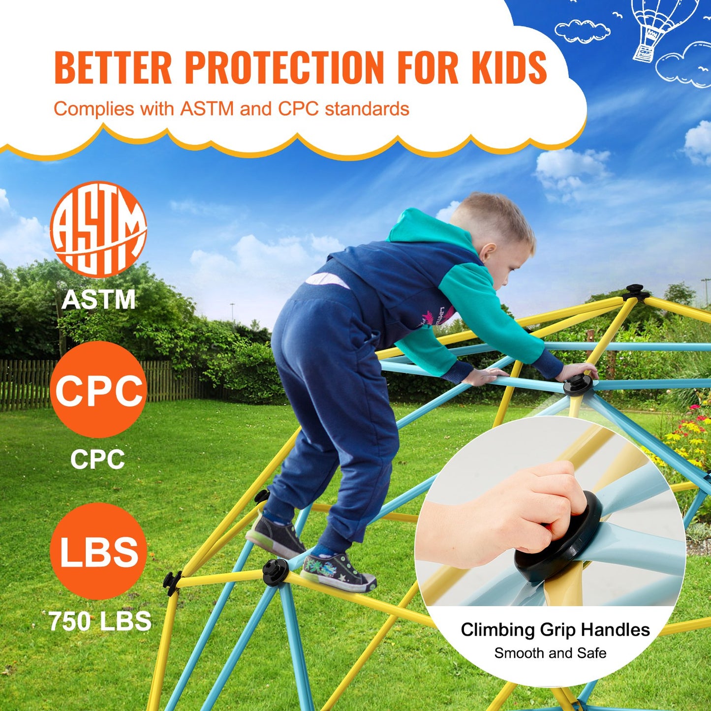 Kletterkuppel, 3 m hohes geometrisches Kuppel-Kletterspielzentrum für Kinder von 3 bis 10 Jahren, Klettergerüst trägt 340 kg und ist einfach zu montieren, mit Klettergriffen, Outdoor-Spielgerät für Kinder