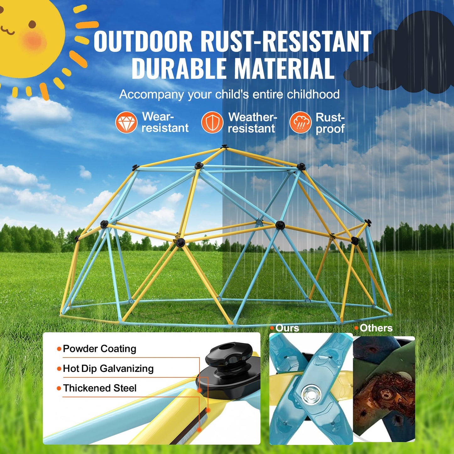 Kletterkuppel, 3 m hohes geometrisches Kuppel-Kletterspielzentrum für Kinder von 3 bis 10 Jahren, Klettergerüst trägt 340 kg und ist einfach zu montieren, mit Klettergriffen, Outdoor-Spielgerät für Kinder