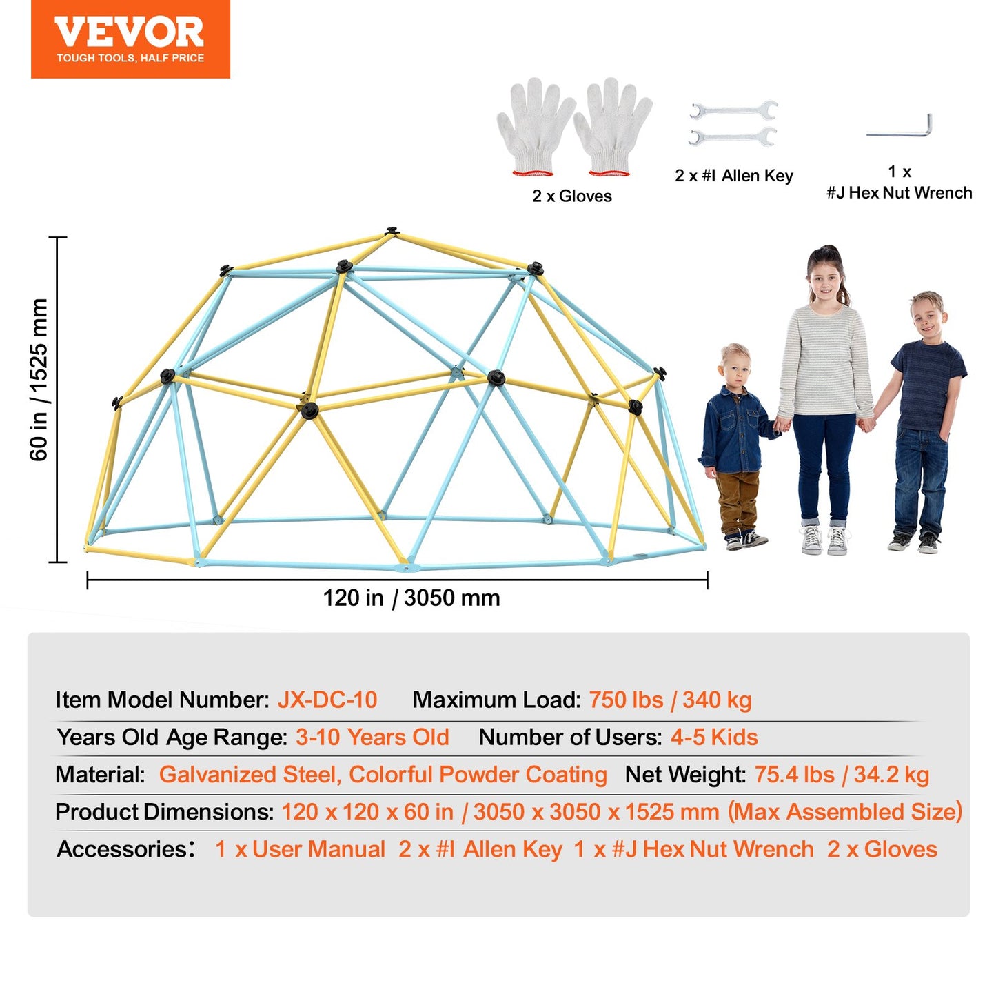 Kletterkuppel, 3 m hohes geometrisches Kuppel-Kletterspielzentrum für Kinder von 3 bis 10 Jahren, Klettergerüst trägt 340 kg und ist einfach zu montieren, mit Klettergriffen, Outdoor-Spielgerät für Kinder