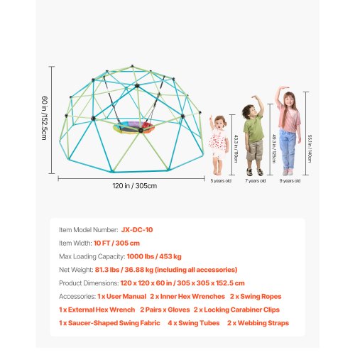 Klätterkupol 10FT Geometrisk Kupolklättrare med Underfatsgunga 1000LB Last | EU