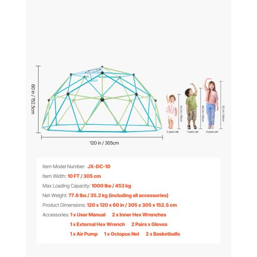 Klätterkupol 10FT Geometrisk Kupolklättrare Djungelgym 1000LB Maxbelastning | EU