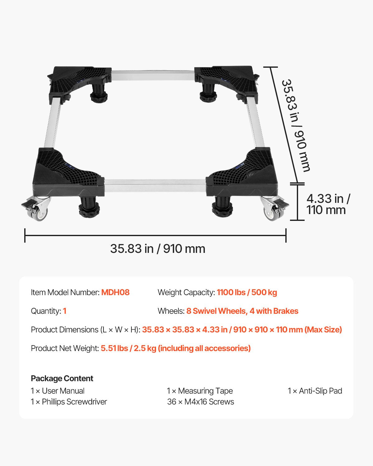 Mobiler Kühlschranksockel, 1100 lb, 27,5-35,4 Zoll, verstellbarer Möbelwagen