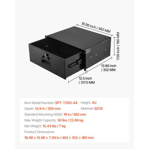 4U rackmonterad låda, 22,68 kg max belastning, låsbar serverskåplåda, glidande låda med lås och kabelhanteringshål, för nätverksutrustning, server, AV-rack eller skåphölje | EU