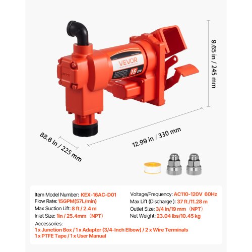 Bränsleöverföringspump 230V, 15 GPM 57 L/min, AC elektrisk oljeöverföringspump, 8 ft/2,4 m max sughöjd, 37 ft/11,28 m max lyfthöjd, överhettningsskydd, för bensin, diesel, fotogen, biodiesel, etanol | EU