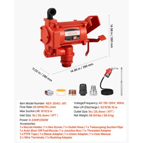 Bränsleöverföringspump 230V, 20 GPM 76 L/min, AC elektrisk oljeöverföringspump, med automatisk avstängning av bränslemunstycke och utloppsslang, högflödessats för bensin, diesel, fotogen, biodiesel, etanolblandningar | EU