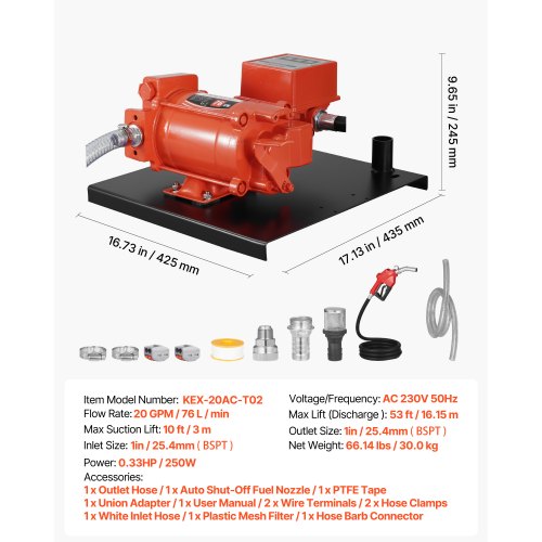 Bränsleöverföringspump 230V, 20 GPM 76 L/min, AC elektrisk oljeöverföringspump, med mätare, automatiskt avstängande bränslemunstycke och utloppsslang, högt flöde för bensin, diesel, fotogen, biodiesel, etanol | EU