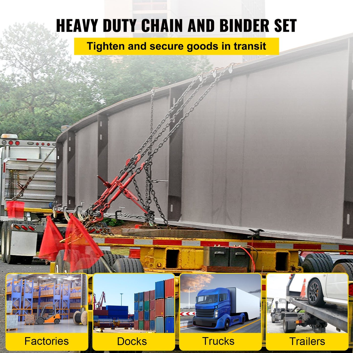 Chain Load Binder, 5/16\" Tie Down Kit med 6600LBS arbetslastkapacitet och två gripkrokar, inkluderar (4) Spärrbindare - (4) 21\' Grade 80 kedjor, transportlastpaket för dragning, bogsering
