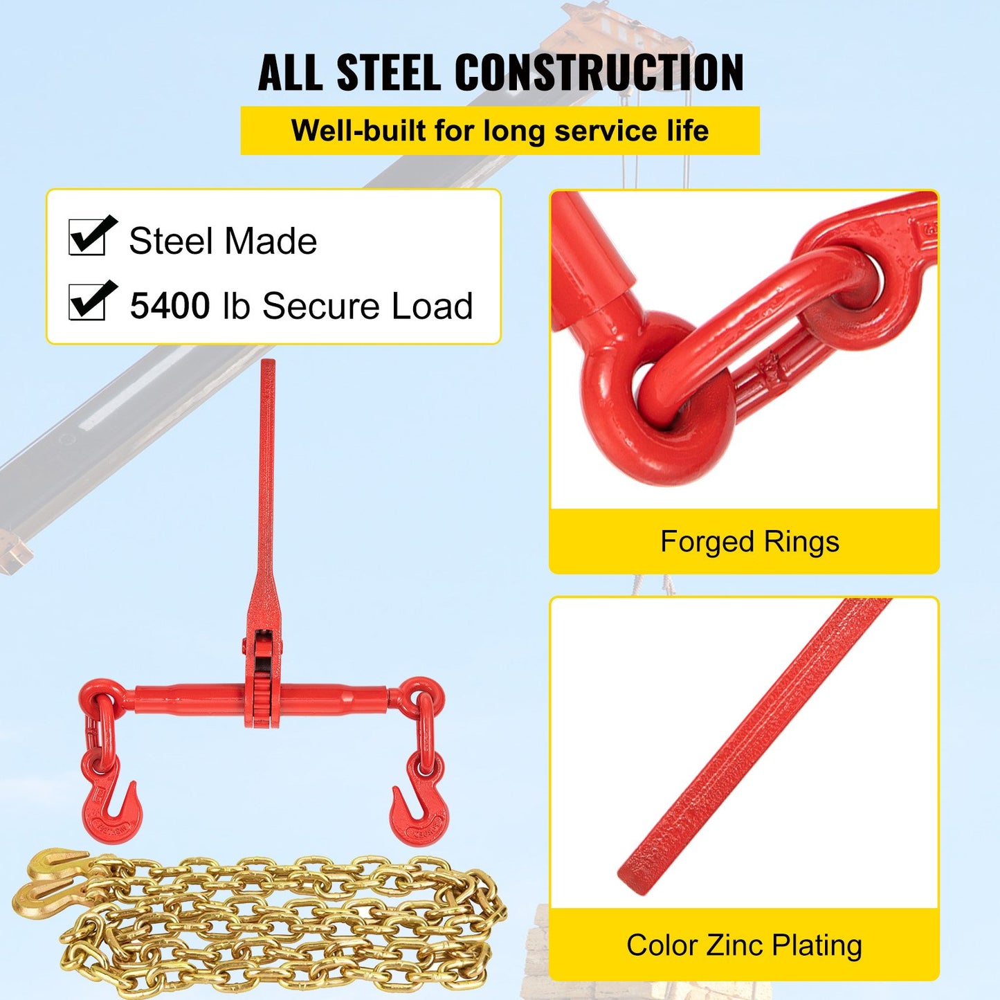Chain Load Binder, 5/16\" Tie Down Kit med 6600LBS arbetslastkapacitet och två gripkrokar, inkluderar (4) Spärrbindare - (4) 21\' Grade 80 kedjor, transportlastpaket för dragning, bogsering