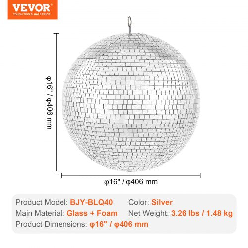 Mirror Disco Ball 16 In Silver Party Large Disco Ball with Hanging Ring | EU