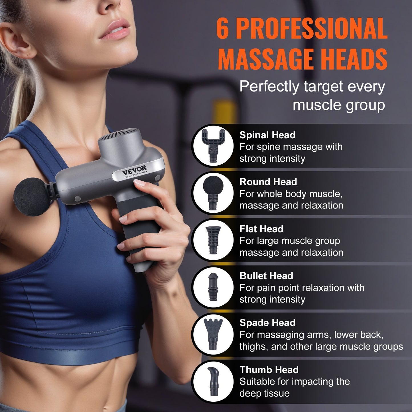Massage Gun Deep Tissue Percussion Muscle Massager med 5 hastigheter 6 huvuden