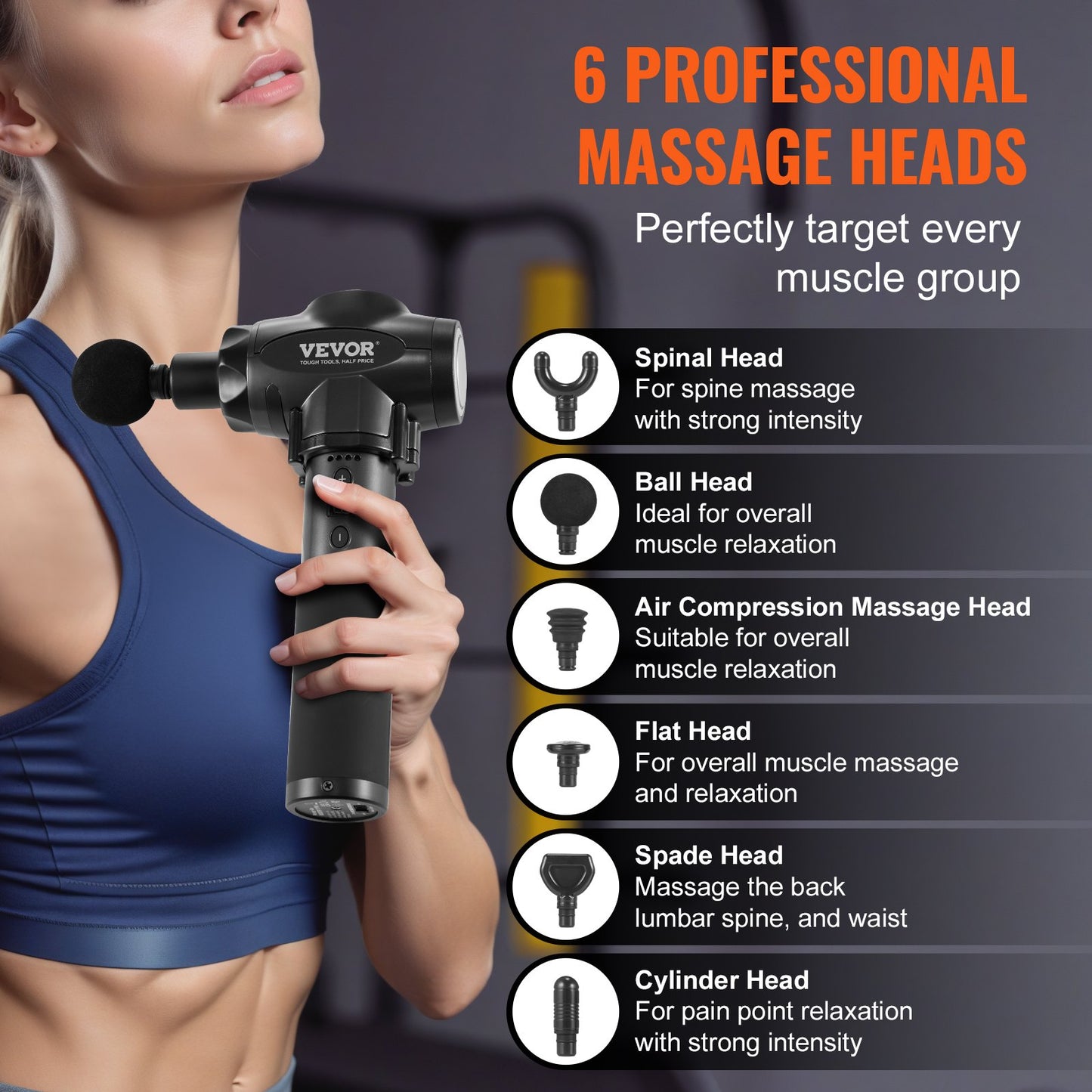 Massage Gun Deep Tissue Percussion Muscle Massager med 9 hastigheter 6 huvuden