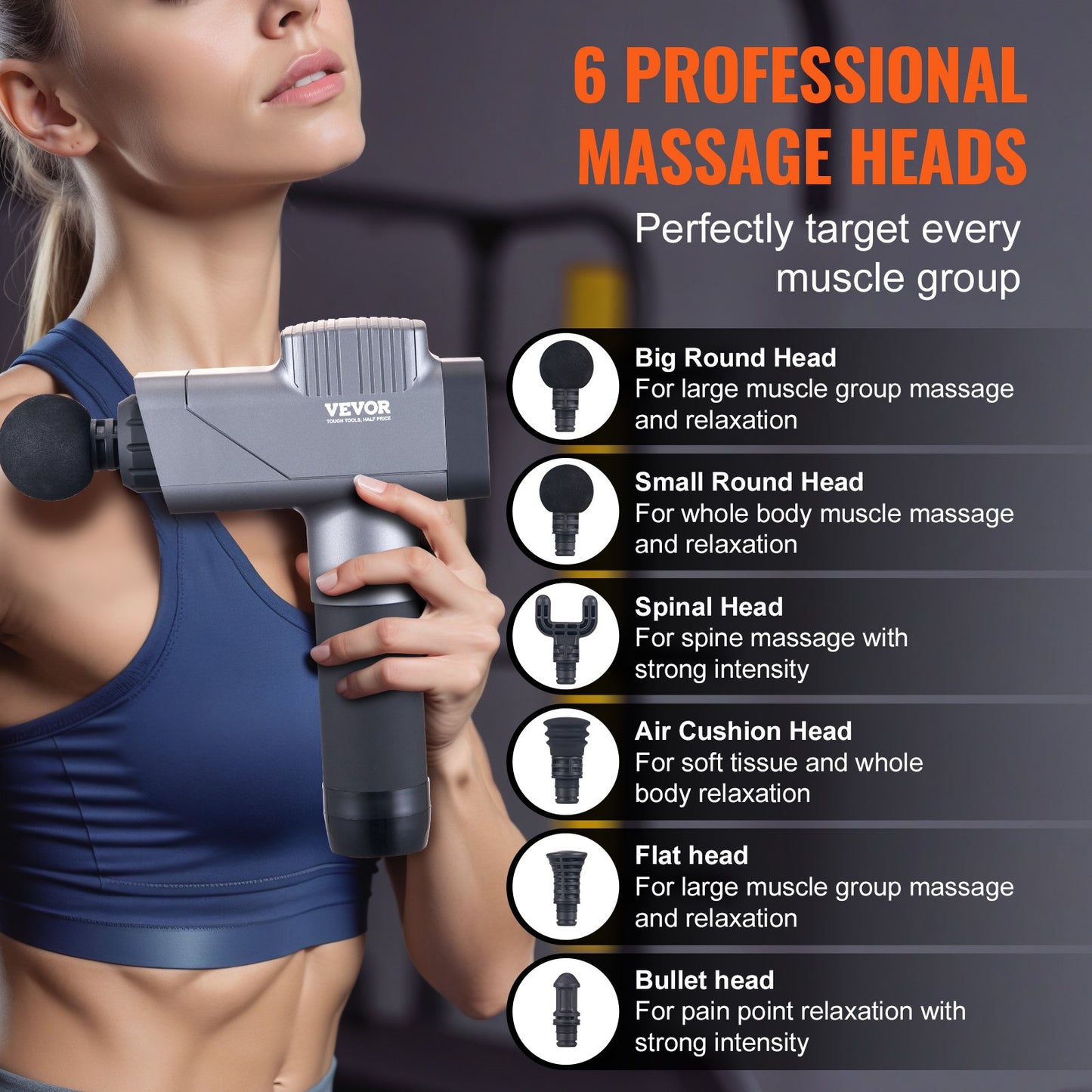 Massage Gun Deep Tissue Percussion Muscle Massager med 8 hastigheter 6 huvuden