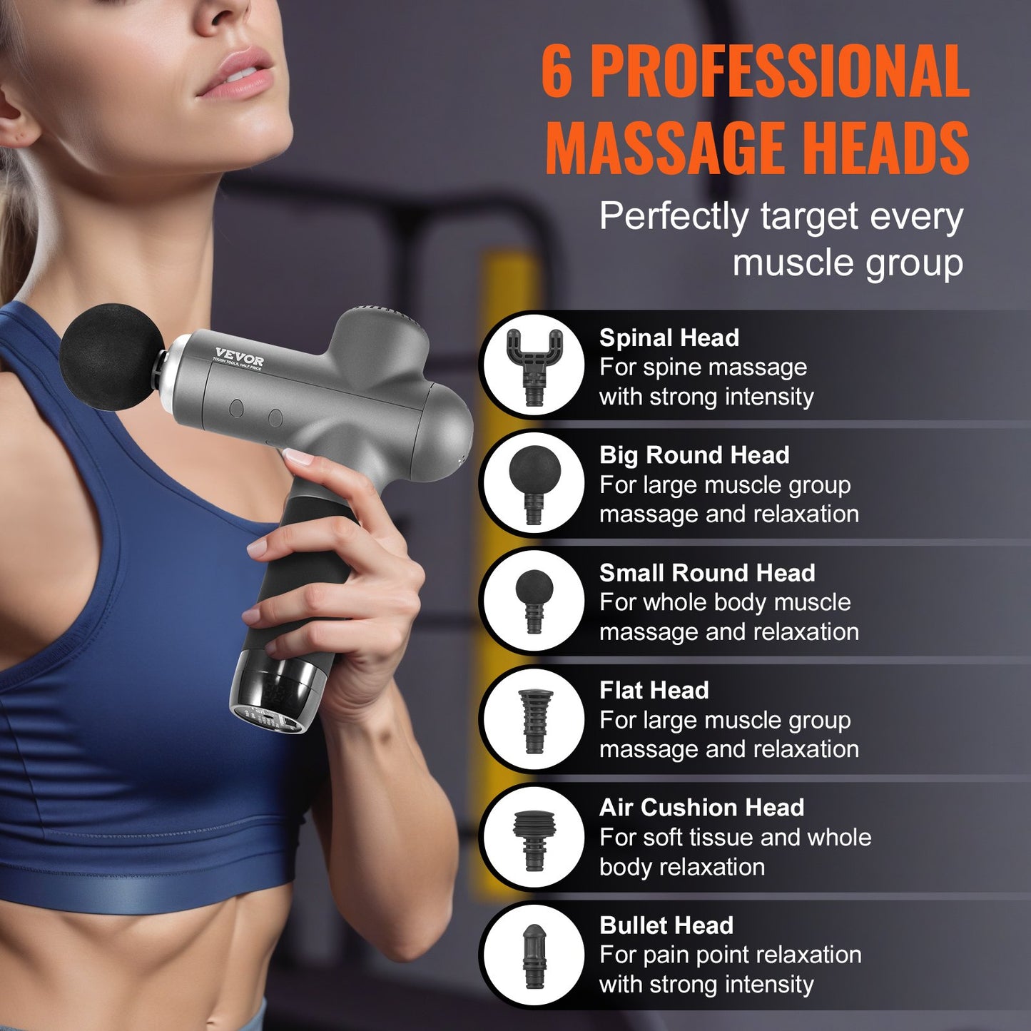 Massage Gun Deep Tissue Percussion Muscle Massager med 8 hastigheter 6 huvuden