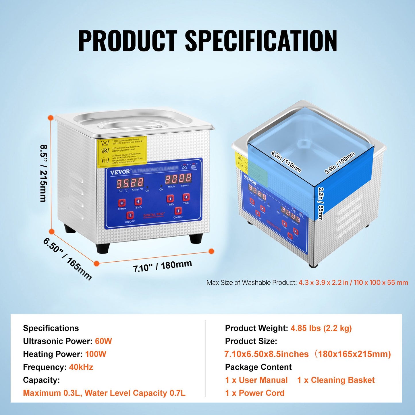 1.3L Ultrasonic Cleaner, Stainless Steel, Ultrasonic Cleaner Digital Heater Timer Jewelry Cleaner for Commercial Home Use (1.3L)