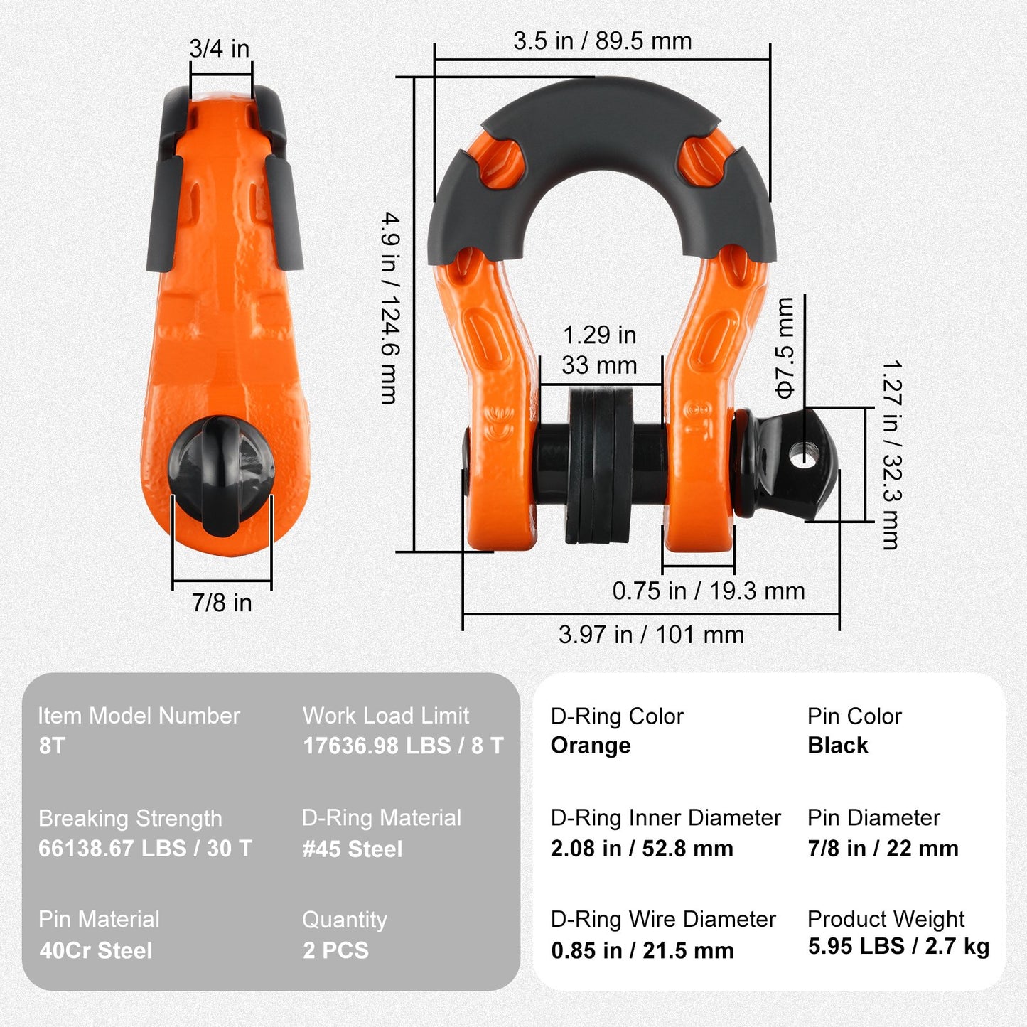 2-pack 3/4" D-ringschackel med 7/8" skruvstift 66139 lbs brottstyrka