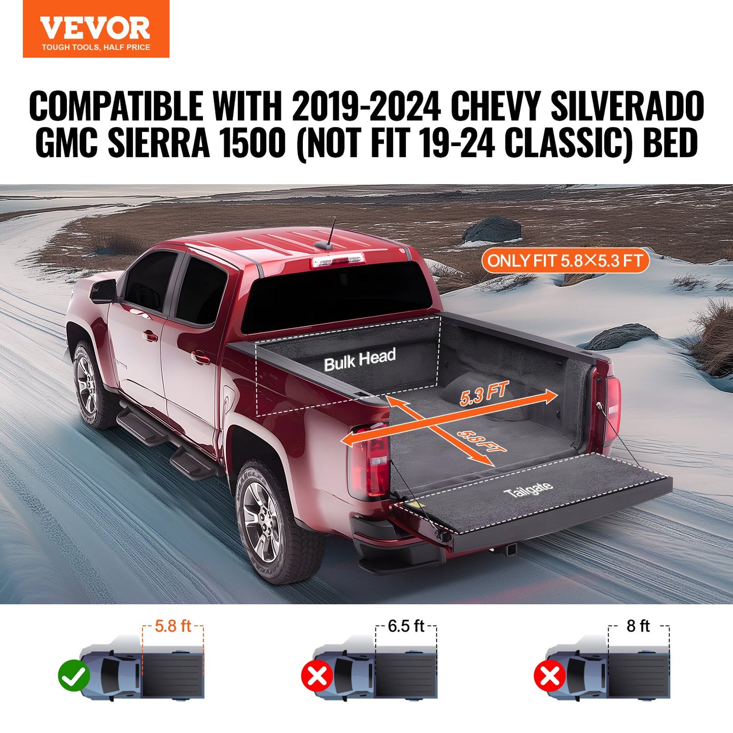 Truck Bed Cover, Roll Up Truck Bed Tonneau Cover, kompatibel med 2019-2024 Chevy Silverado GMC Sierra 1500 (INTE FIT 19-24 Classic) säng, för 5,8 x 5,3 fot säng, mjuk PVC, Roll Up Tonneau Cover