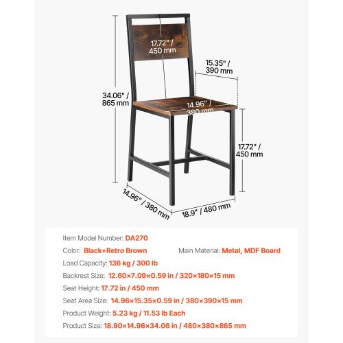Matstolar Set om 2, Träbordsstolar med metallram och ryggstöd, Lättmonterad Lädersidostol, Modern Lantlig Valnötsstol för Kök Vardagsrum, Rustik Brun och Svart | EU
